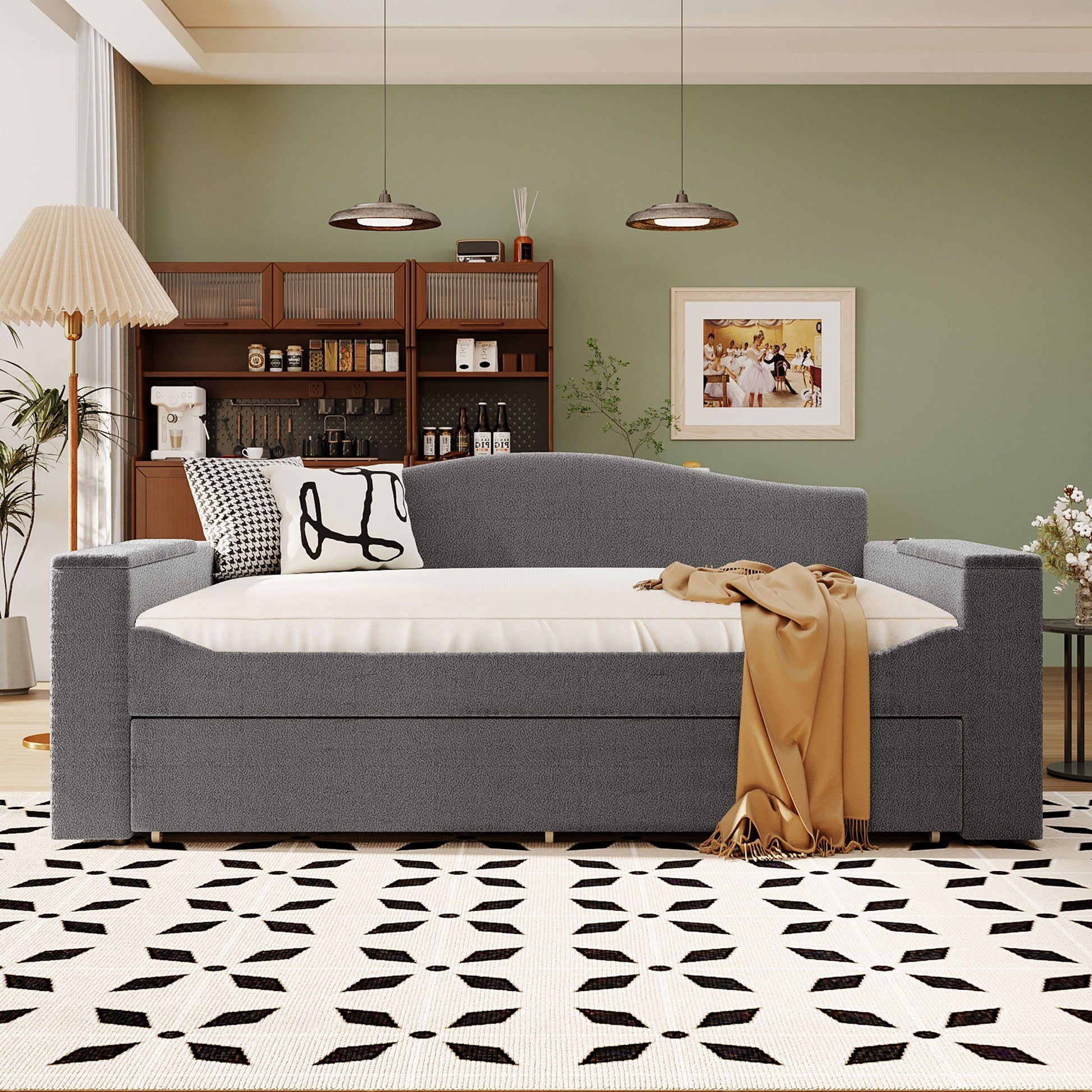 Upholstered grey fabric daybed with square arms in a modern living room on Tampa Home & Garden Store