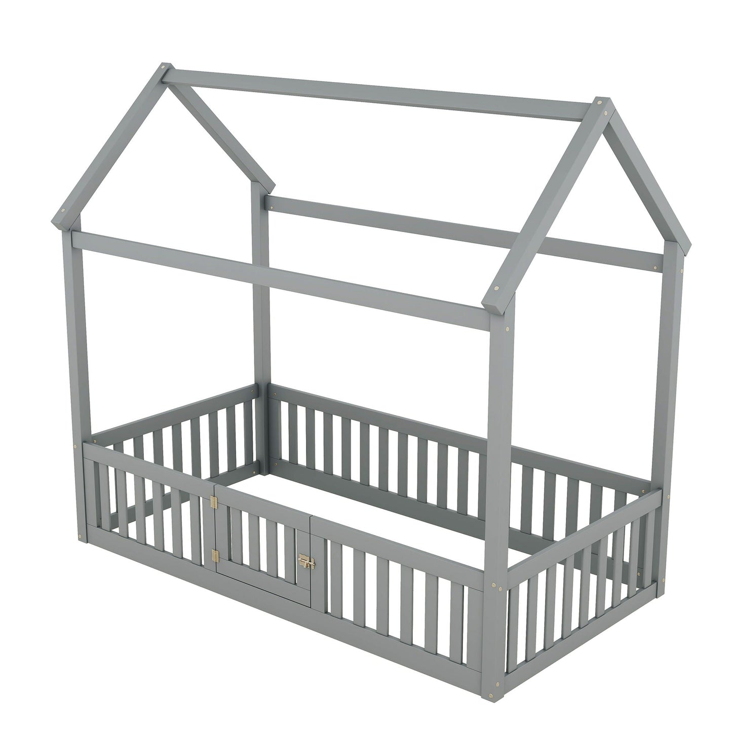 Wood House Bed with Fence and Door, gray platform bed frame on Tampa Home & Garden Store