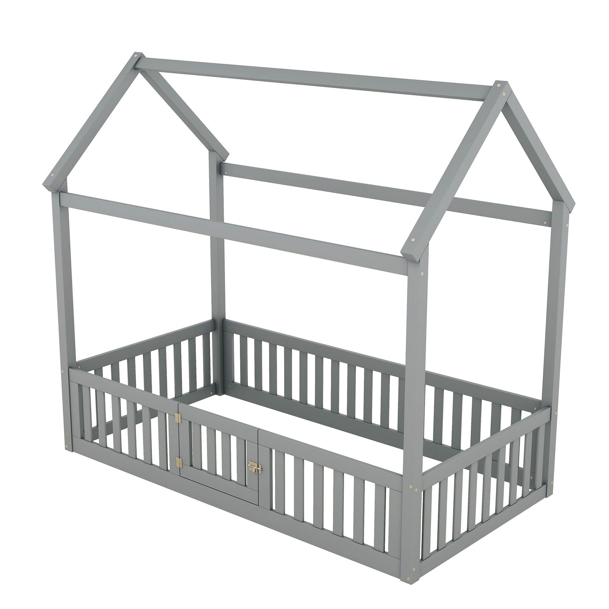 Wood House Bed with Fence and Door, gray platform bed frame on Tampa Home & Garden Store