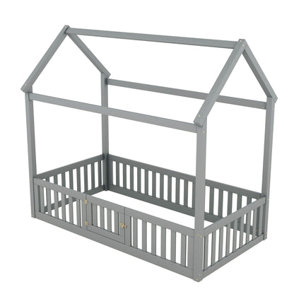 Wood House Bed with Fence and Door, gray platform bed frame on Tampa Home & Garden Store