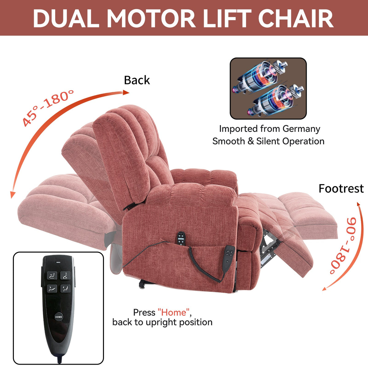 Dual Motor Lift Recliner pink plush upholstery HouseOfZazla with remote on Tampa Home & Garden Store