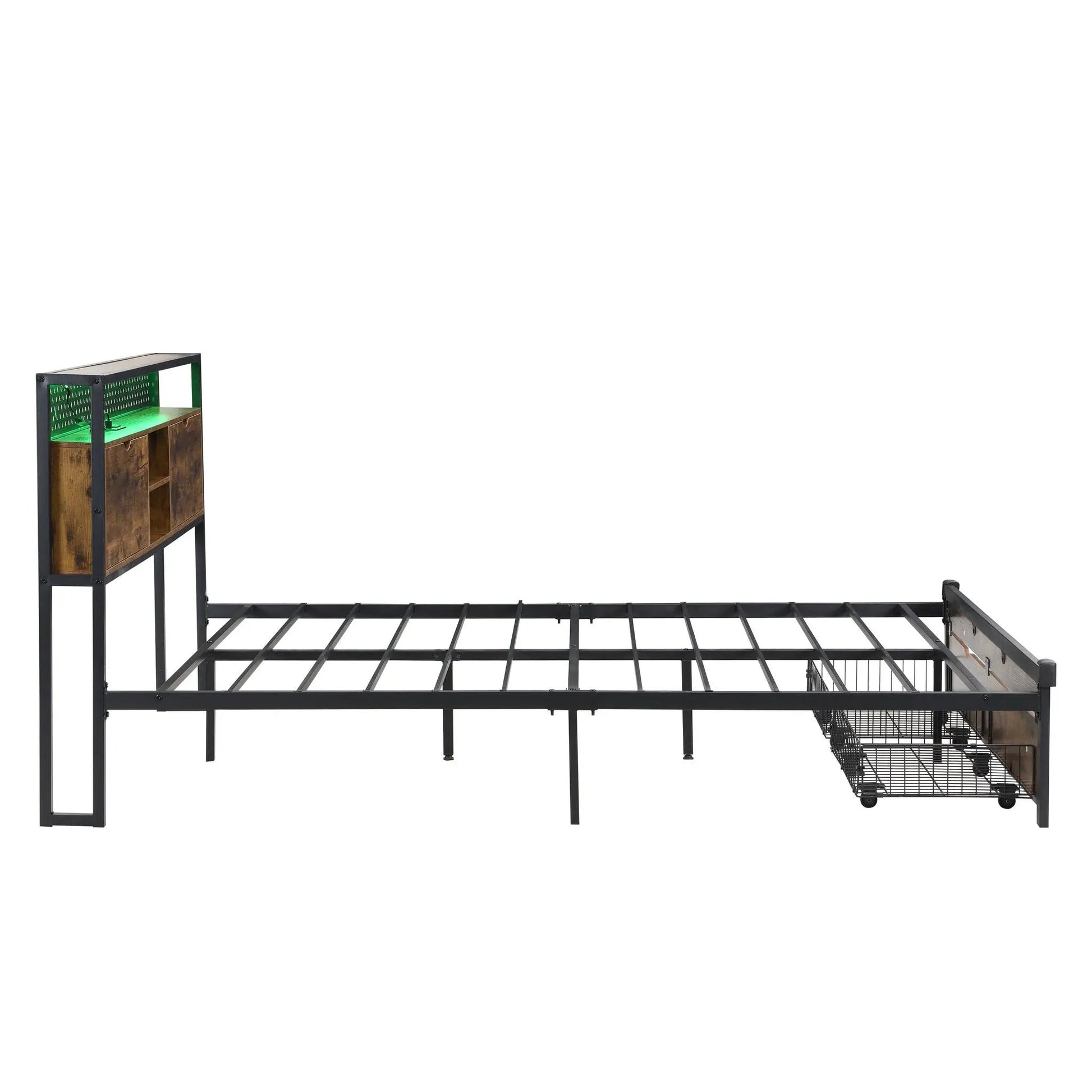 Black metal platform bed frame with wooden headboard and built-in storage compartments on Tampa Home & Garden Store
