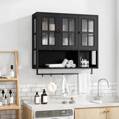 Black 3-door wall display cabinet with glass doors and towel bar on Tampa Home & Garden Store