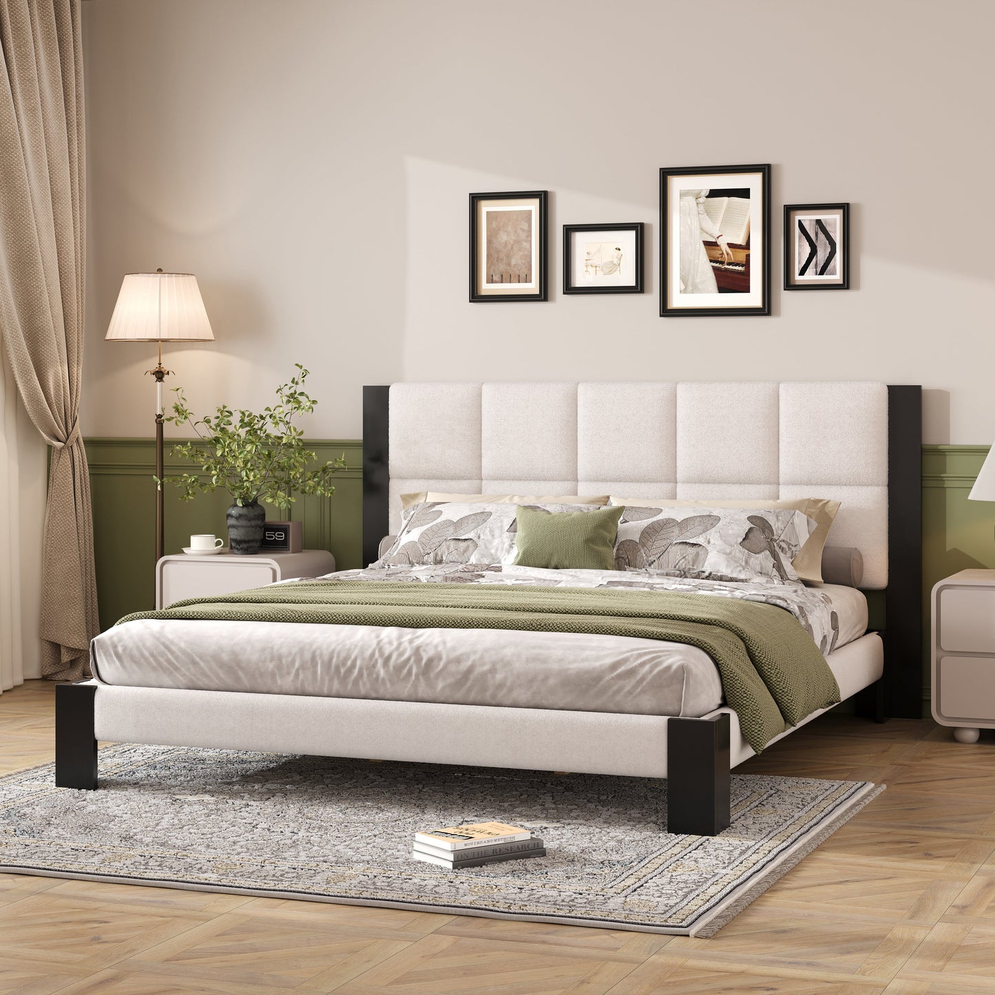 Boucle Cal King Bed Frame with a Cube Headboard