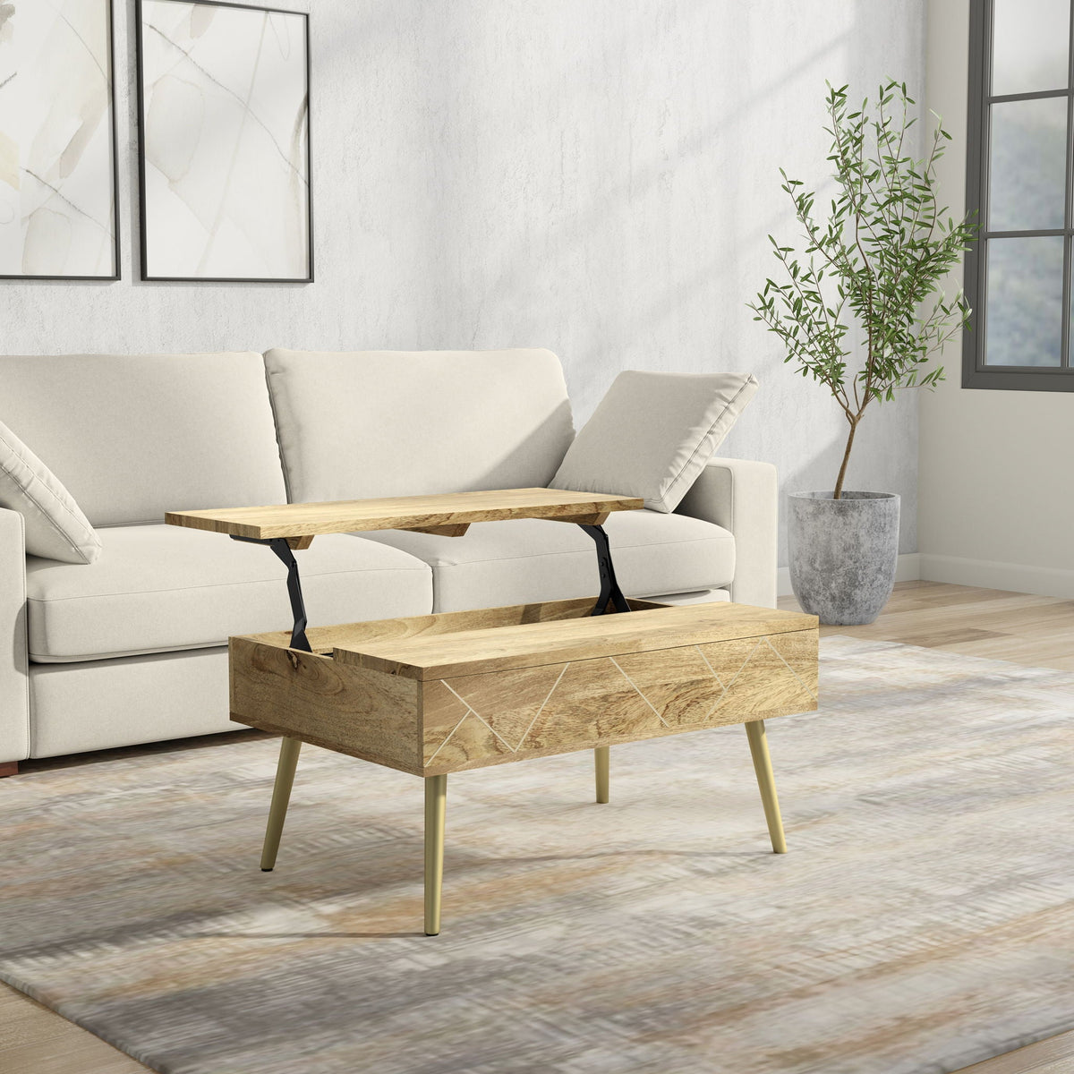 Handcrafted Lift Top Coffee Table with Storage in natural wood, metal legs on Tampa Home & Garden Store