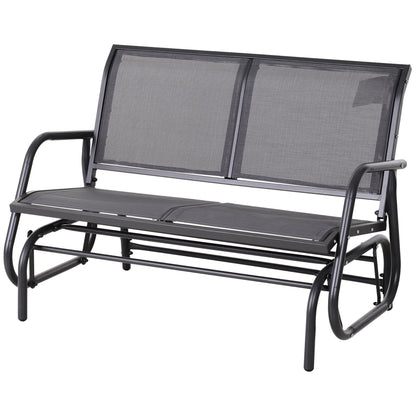 Two-person outdoor glider bench with gray mesh seat and back, powder-coated steel frame on Tampa Home & Garden Store