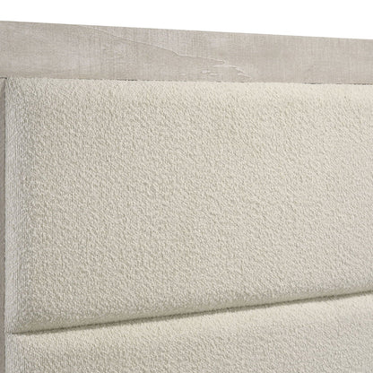 4-piece queen bedroom set with upholstered headboard in rustic beige boucle fabric on Tampa Home & Garden Store
