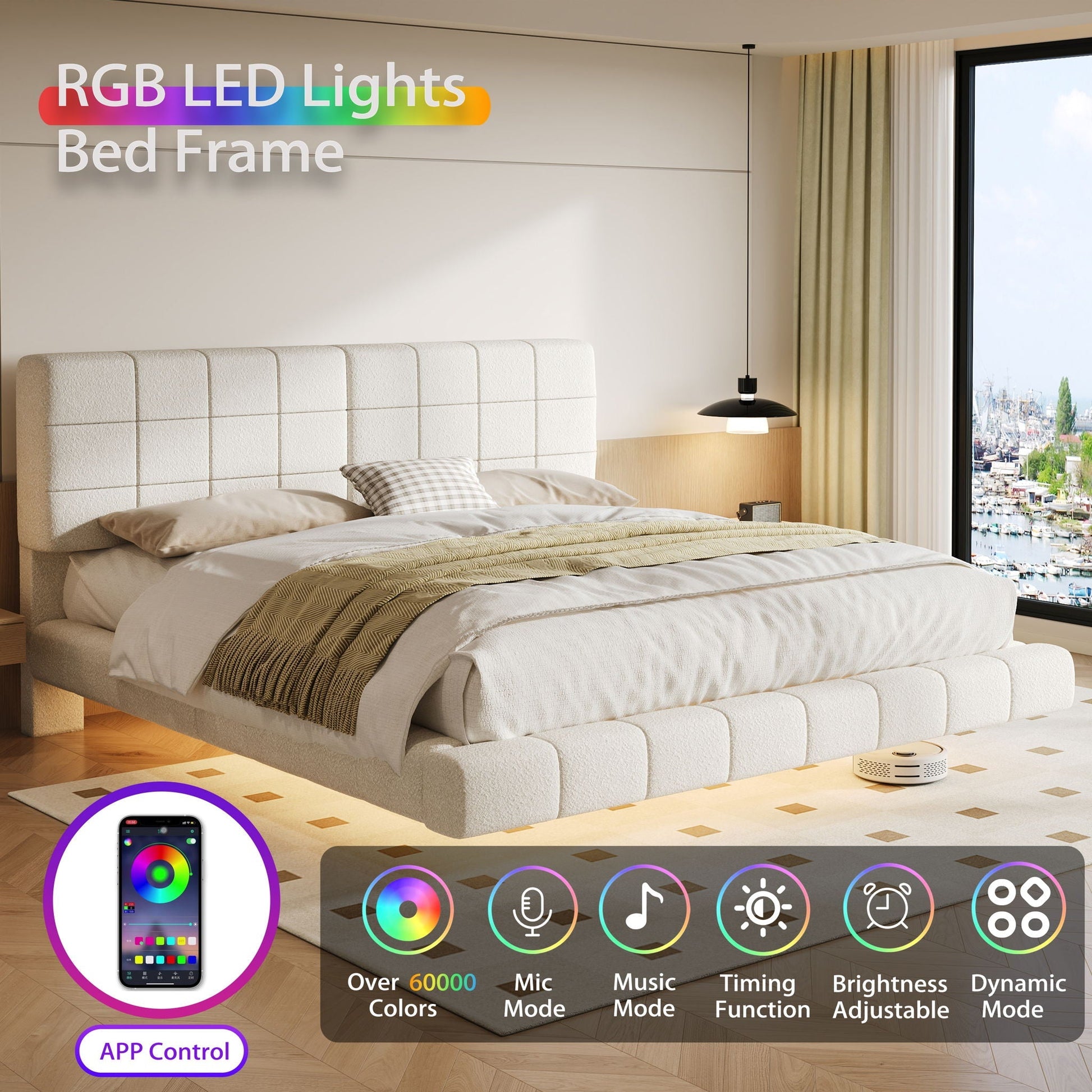 Floating Bed with Soft Touch Surface by HouseOfZazla, upholstered bed frame with RGB LED lights on Tampa Home & Garden Store