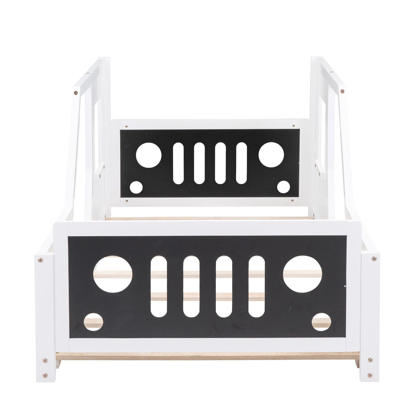 Classic car shaped platform bed with white frame and black panel with circular cutouts on Tampa Home & Garden Store