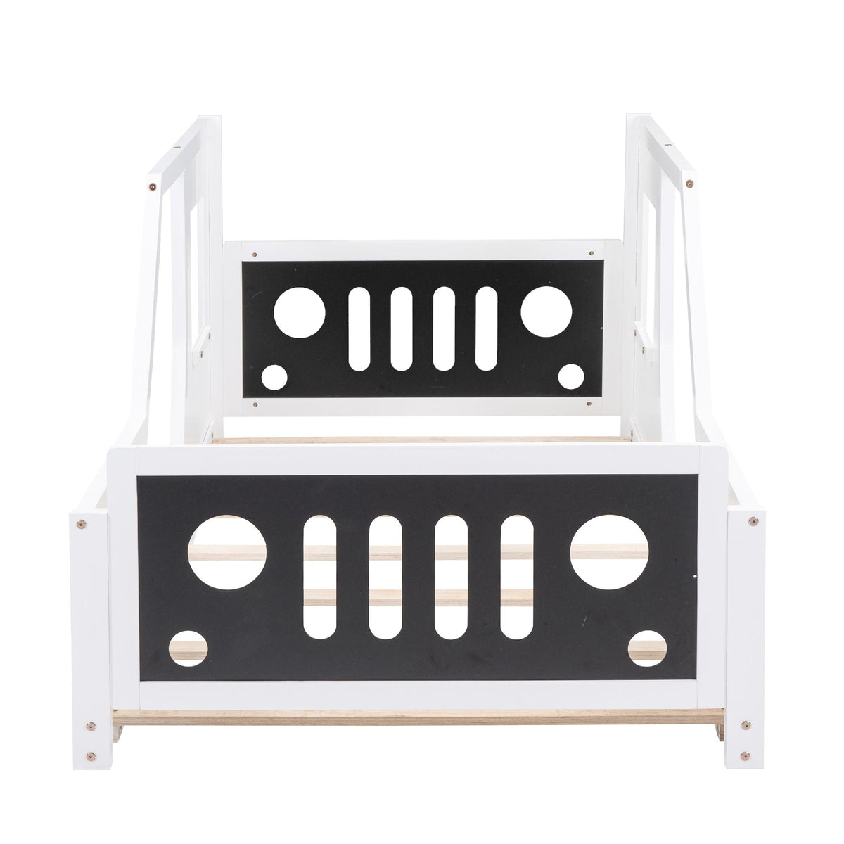 Classic car shaped platform bed with white frame and black panel with circular cutouts on Tampa Home & Garden Store