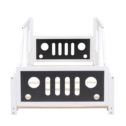 Classic car shaped platform bed with white frame and black panel with circular cutouts on Tampa Home & Garden Store