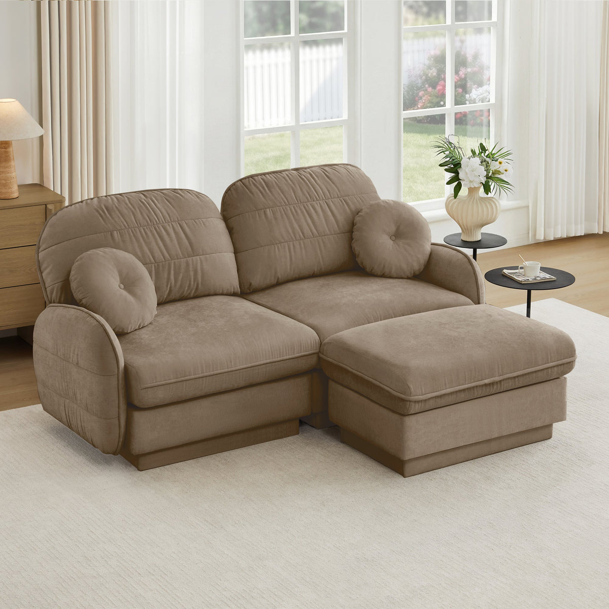 Chenille Cloud L-Shaped Loveseat Sofa by HouseOfZazla in tan brown with plush cushions on Tampa Home & Garden Store