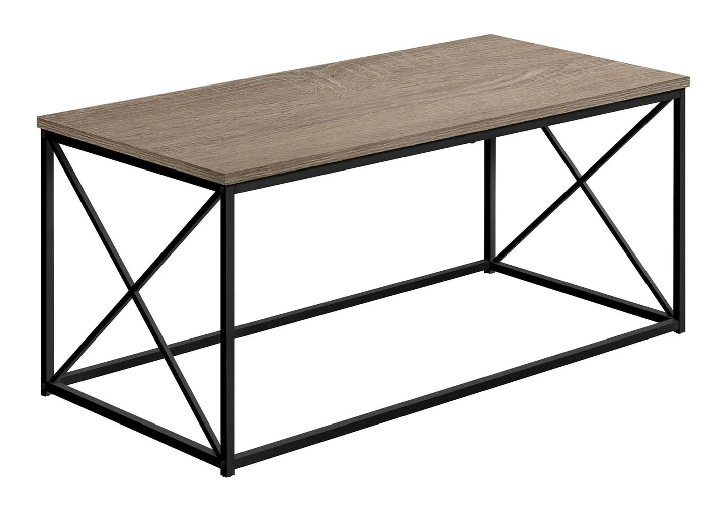 Rectangular coffee table by Unique Piece Furniture with oak top and black metal cross-frame on Tampa Home & Garden Store