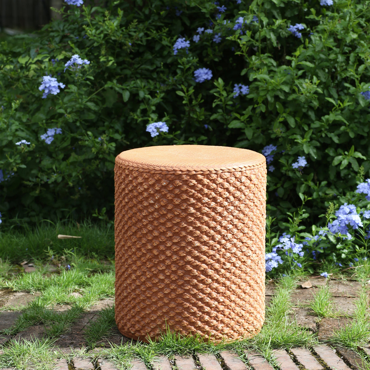 Evie outdoor round MGO side table brown woven rattan style HouseOfZazla on Tampa Home & Garden Store