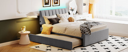 Upholstered Platform Bed With Trundle, grey fabric, tall padded headboard by HouseOfZazla on Tampa Home & Garden Store