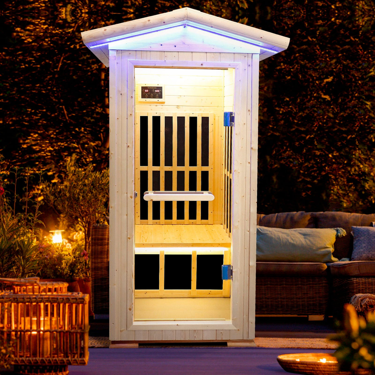Single Person Spruce Infrared Sauna by HouseOfZazla natural wood, glass door, Bluetooth, outdoor on Tampa Home & Garden Store