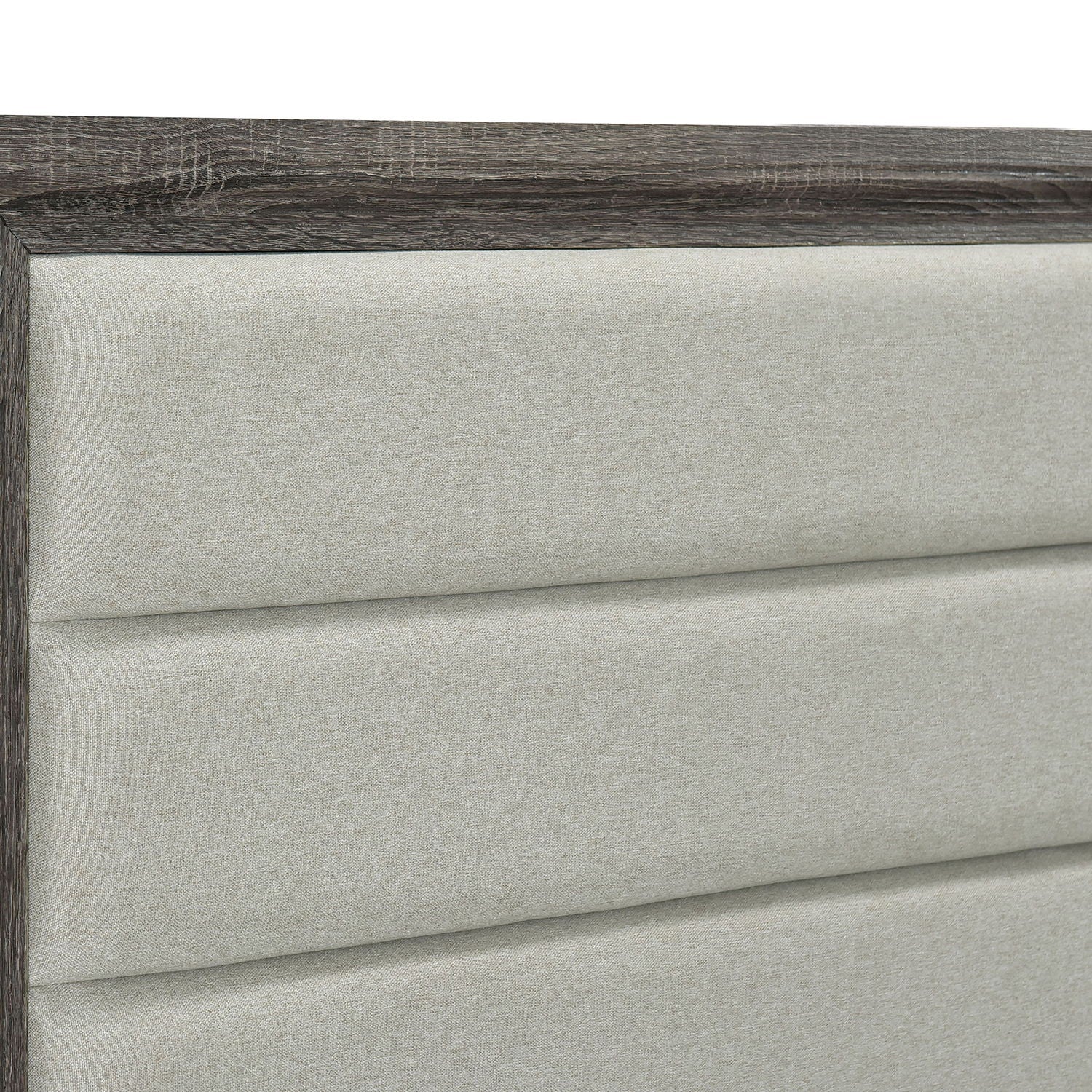 Funston queen bed headboard in dark oak with beige upholstered panel by HouseOfZazla on Tampa Home & Garden Store
