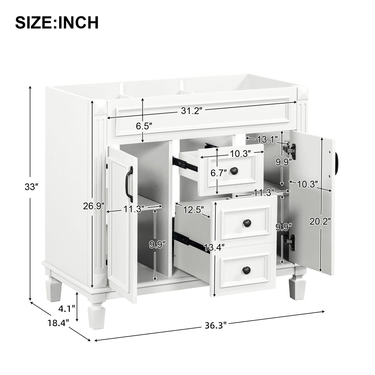 Bathroom vanity cabinet in white with soft-closing doors and drawers, 36.3 in wide, HouseOfZazla on Tampa Home & Garden Store