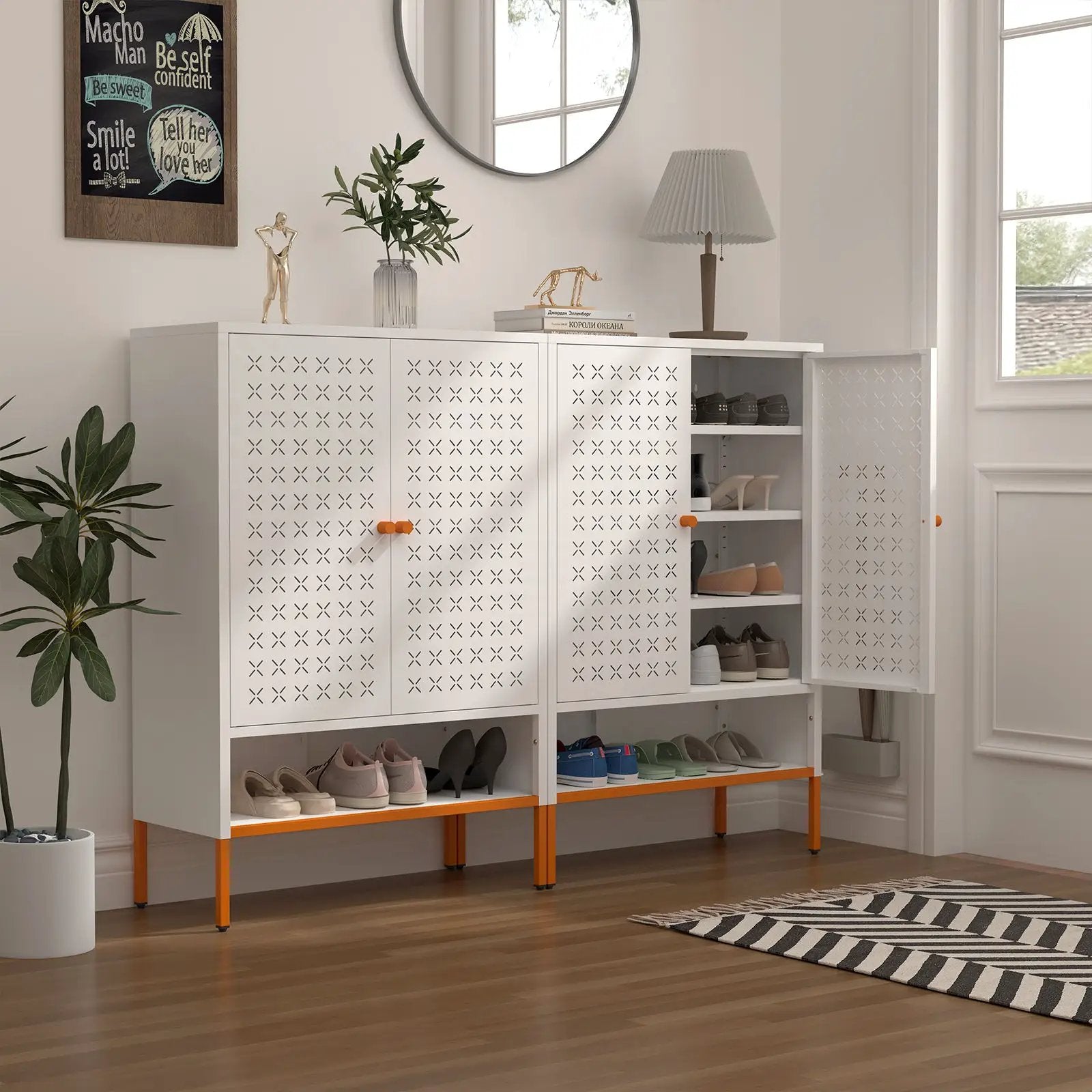 Grid double-door shoe cabinet with adjustable compartments in metal, white finish on Tampa Home & Garden Store