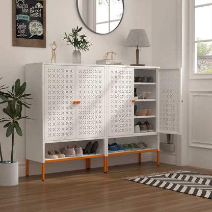 Grid double-door shoe cabinet with adjustable compartments in metal, white finish on Tampa Home & Garden Store