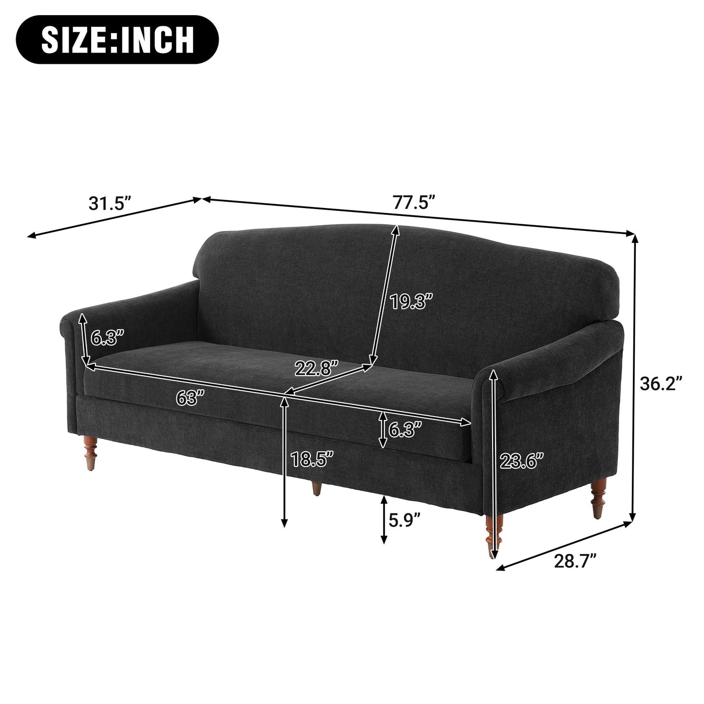 HouseOfZazla Loveseat Sofa 2 Seater with Rolled Arms in charcoal fabric on Tampa Home & Garden Store
