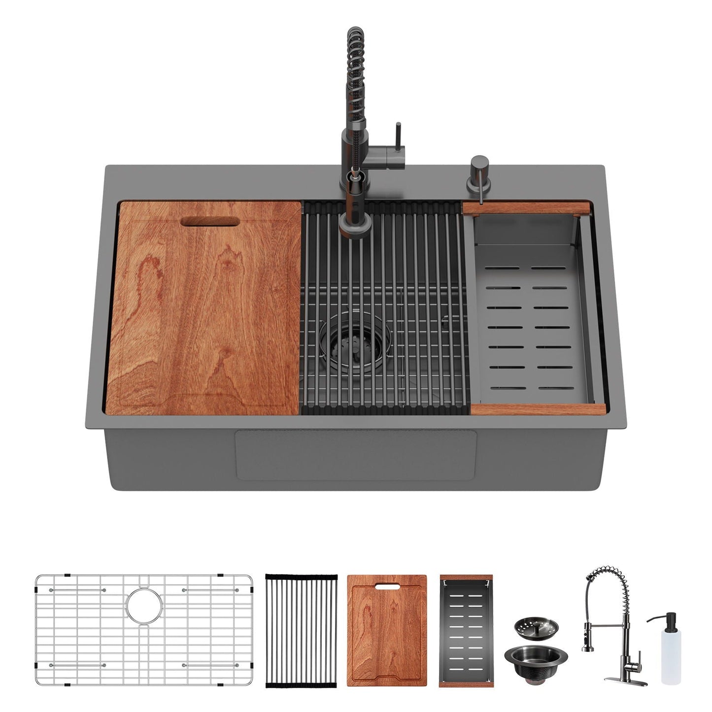 Drop-in gunmetal black sink with pull-out faucet and soap dispenser; single bowl topmount on Tampa Home & Garden Store