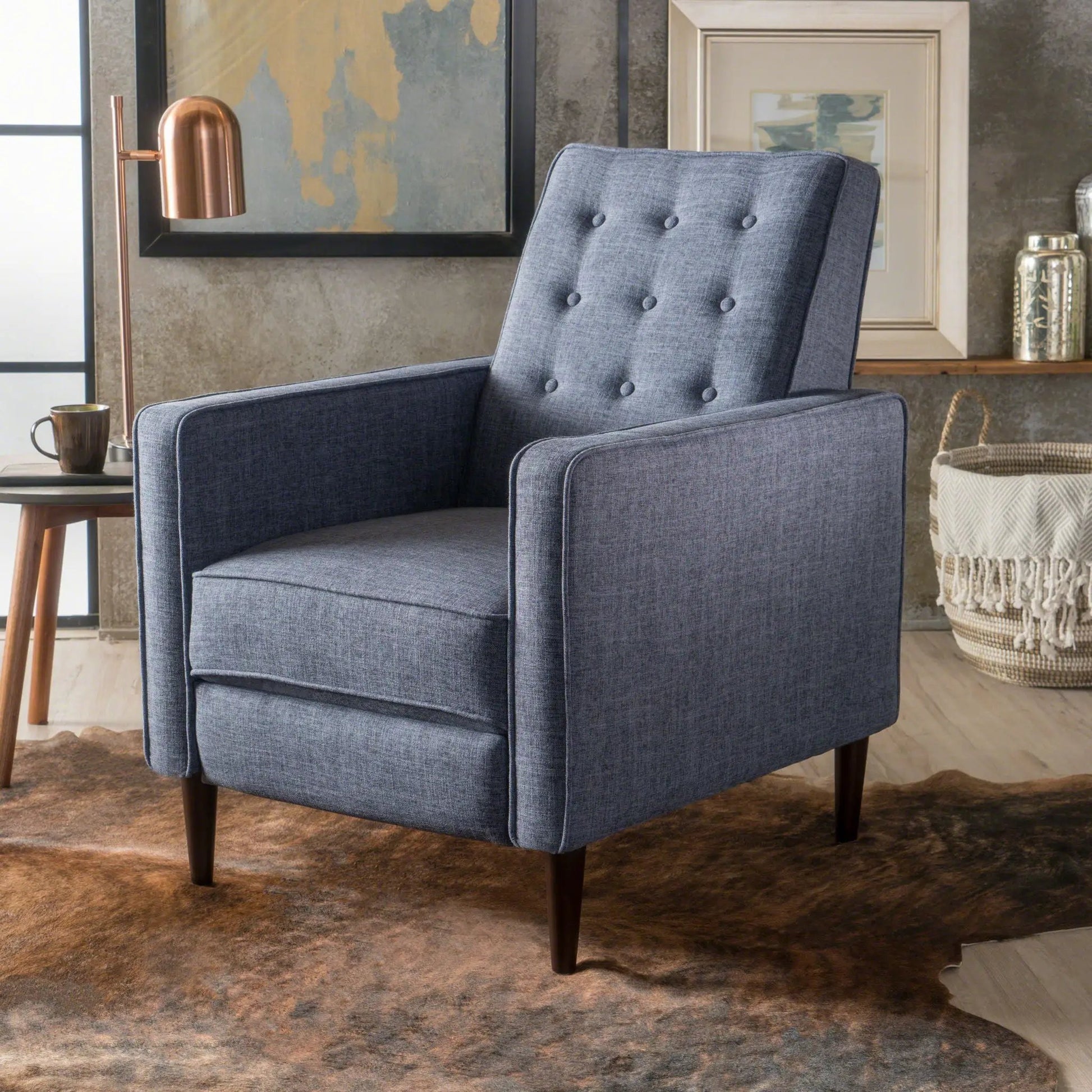 Mid-Century Modern Recliner blue-gray waffle-stitch fabric with button tufting, wood legs on Tampa Home & Garden Store