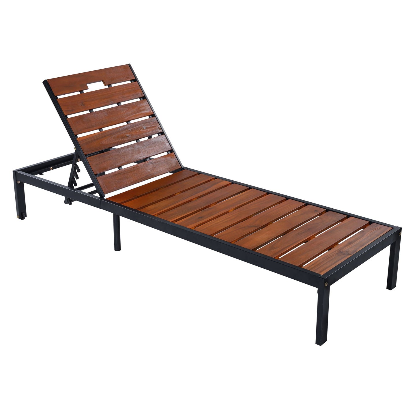 Outdoor chaise with adjustable backrest, brown wood slats and black metal frame on Tampa Home & Garden Store