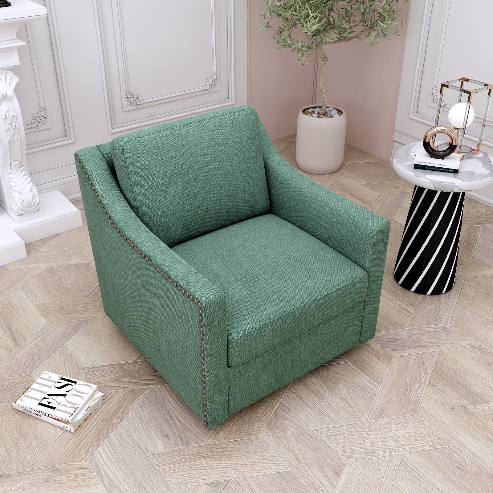 360° Swivel Armchair in green cotton-linen with brass nail detailing by HouseOfZazla on Tampa Home & Garden Store