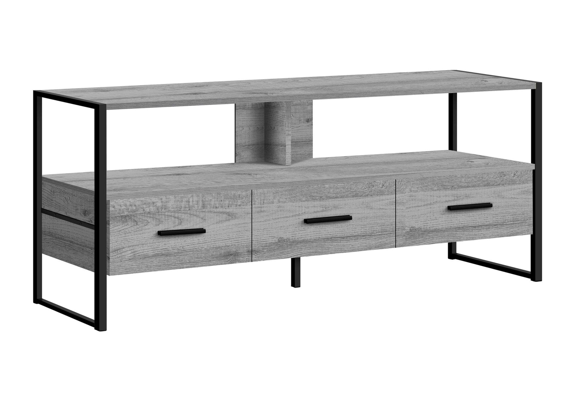 TV stand console in gray wood finish with black metal frame, four drawers and open shelf on Tampa Home & Garden Store