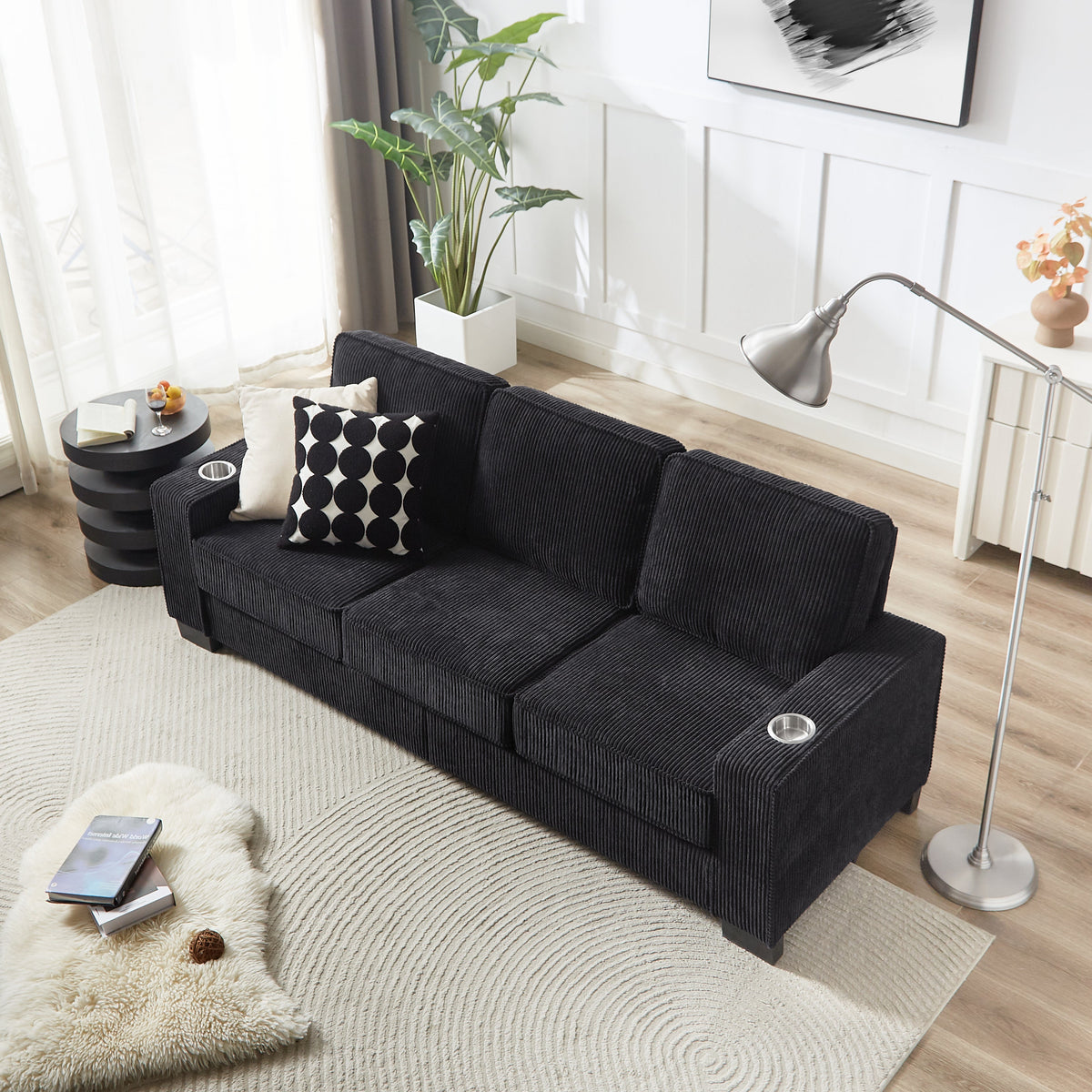 HouseOfZazla Modern Corduroy 3-Seater Sofa in black corduroy fabric on Tampa Home & Garden Store