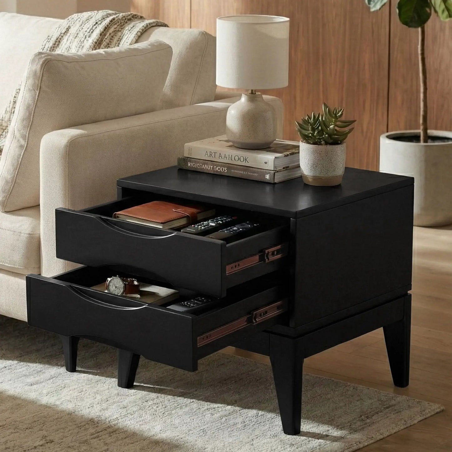 Harper Handcrafted End Table black finish with multiple drawers and open shelf on Tampa Home & Garden Store