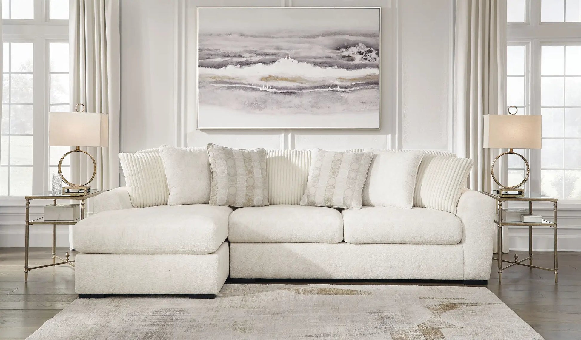 Chessington stationary sectional in ivory with glass side tables on Tampa Home & Garden Store