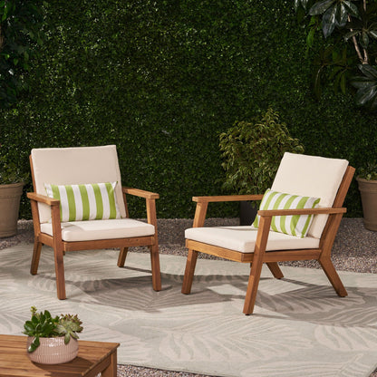 Outdoor Club Chair With Cushion natural wood, white cushions, green pillows, set of 2 on Tampa Home & Garden Store