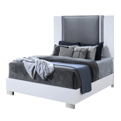 Moon panel bed with gray upholstered headboard and LED accent lighting by Unique Piece Furniture on Tampa Home & Garden Store