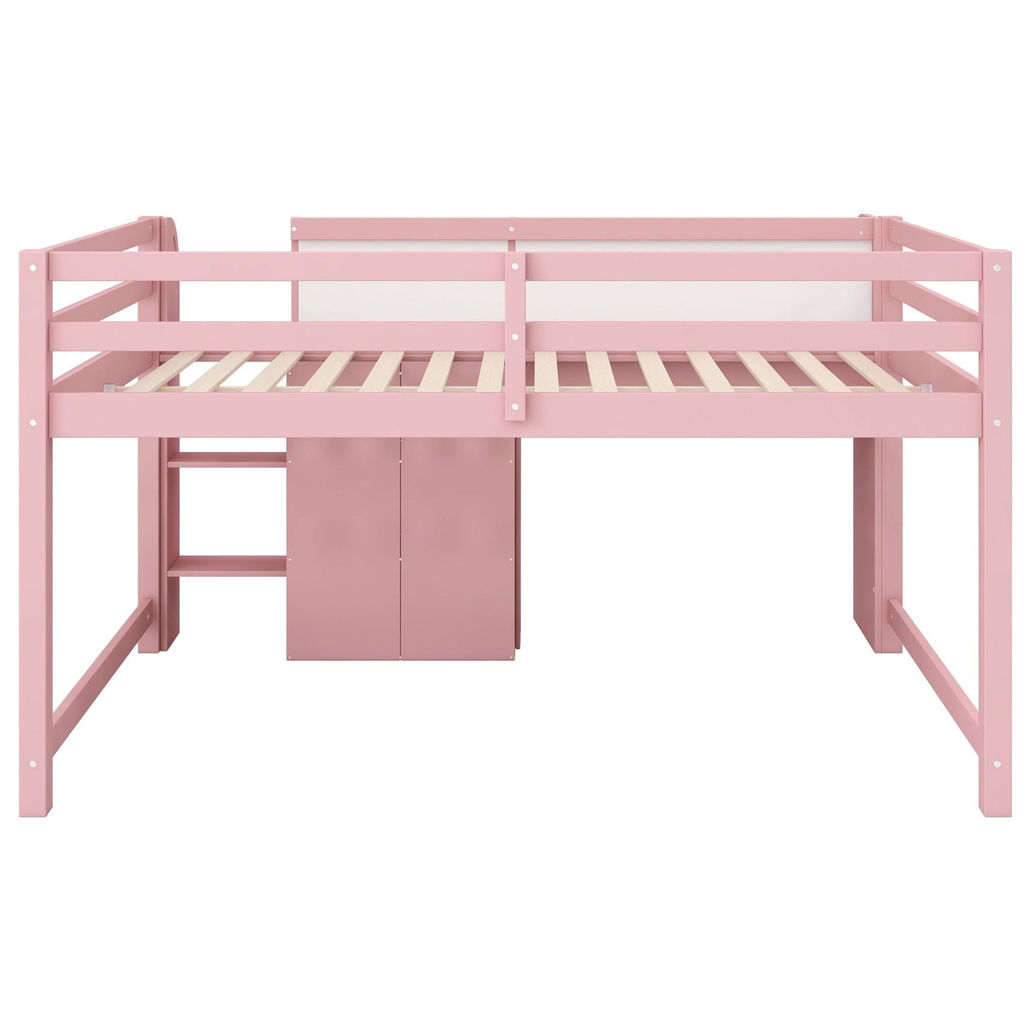 Pink low loft bed frame with built-in storage cabinet and open bookcase beneath on Tampa Home & Garden Store