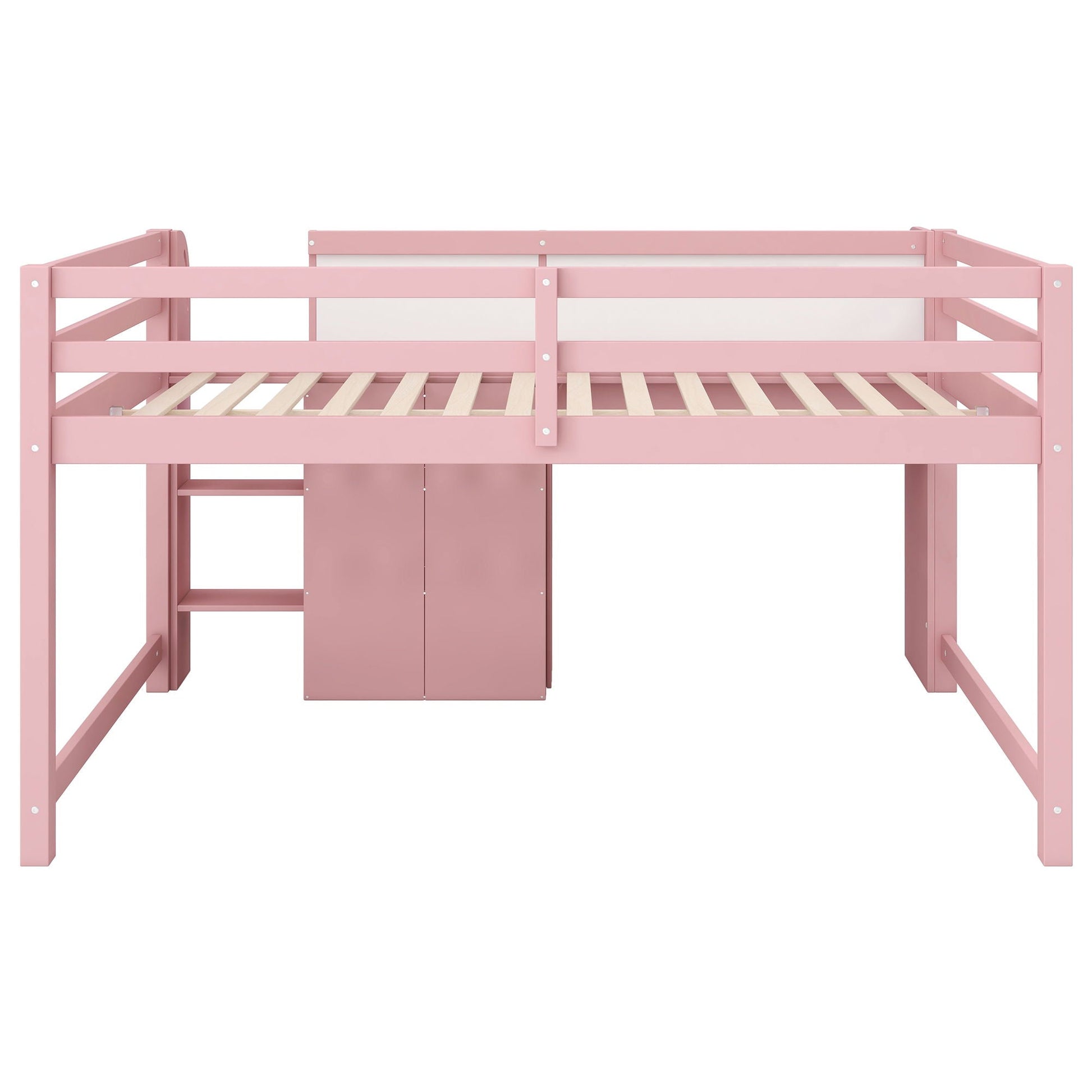 Pink low loft bed frame with built-in storage cabinet and open bookcase beneath on Tampa Home & Garden Store
