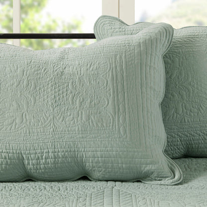 Six-piece reversible seafoam daybed cover set with quilted scalloped-edge shams on Tampa Home & Garden Store
