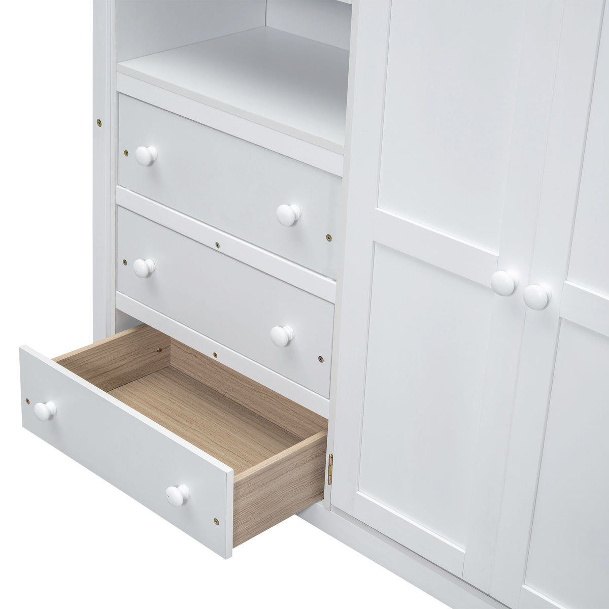 Loft bed with built-in wardrobe, shelves and drawers in white finish with wood drawer interiors on Tampa Home & Garden Store
