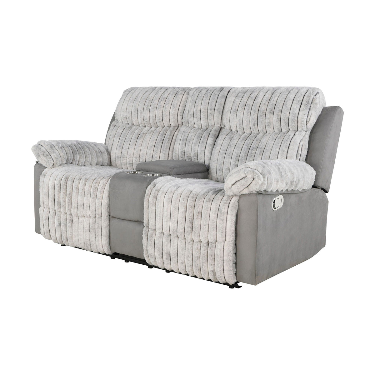 Bruni manual reclining loveseat and console by HouseOfZazla in gray with plush fur throw and cupholders on Tampa Home & Garden Store