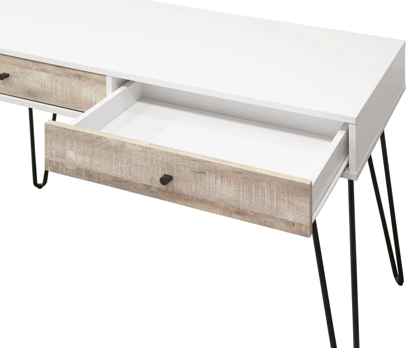 Taupe Oak Desk With Drawers and Metal Accents