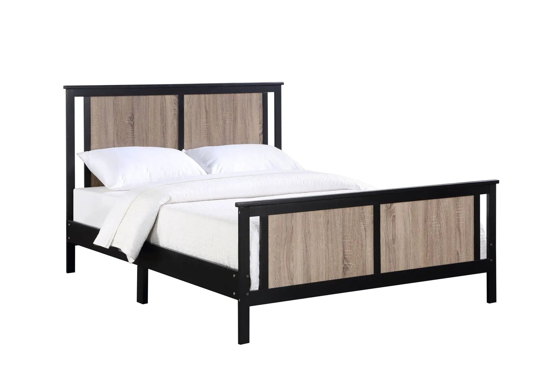 Connelly panel bed with black frame and woodgrain panels, white bedding on Tampa Home & Garden Store