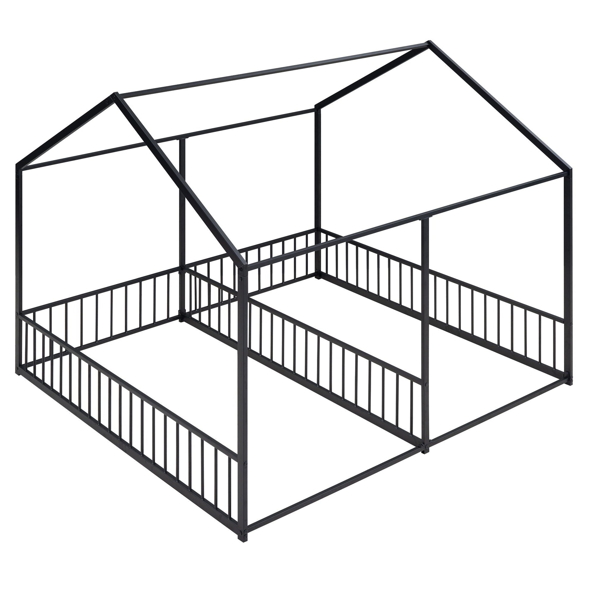 HouseOfZazla two-bed metal platform bed frame with guardrails black steel on Tampa Home & Garden Store