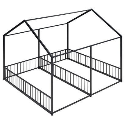 HouseOfZazla two-bed metal platform bed frame with guardrails black steel on Tampa Home & Garden Store
