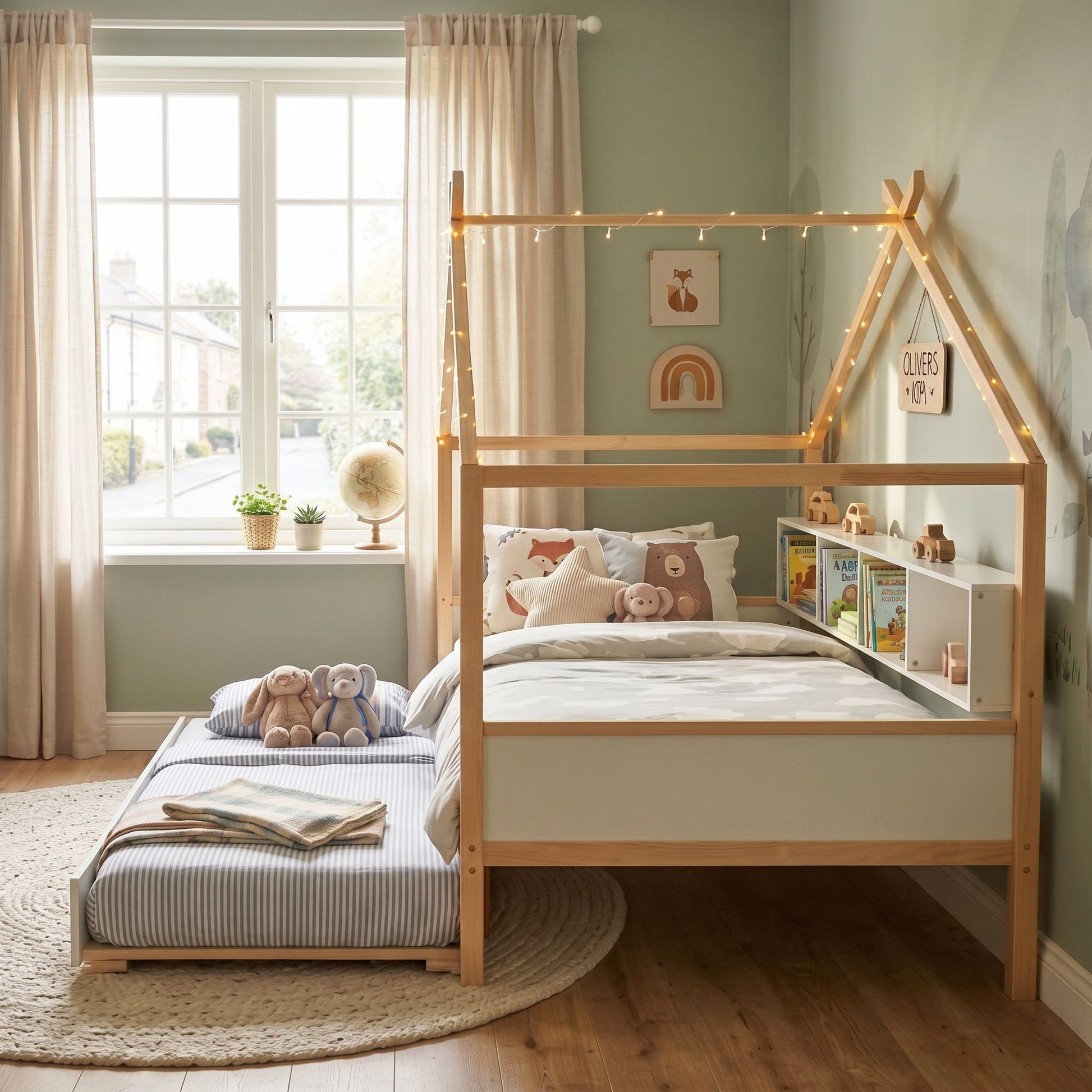 House Bed With Bookshelf Storage by HouseOfZazla, natural wood twin bed with built-in bookshelf on Tampa Home & Garden Store