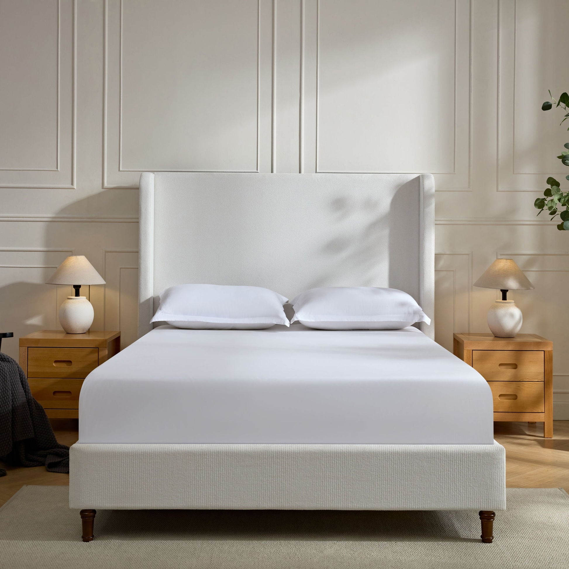 Harper tall headboard upholstered bed in white fabric with high back on Tampa Home & Garden Store