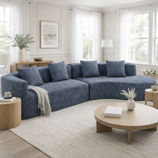 U_Style 132" Modern Sectional Sofa with Curved Design, blue denim fabric by HouseOfZazla on Tampa Home & Garden Store