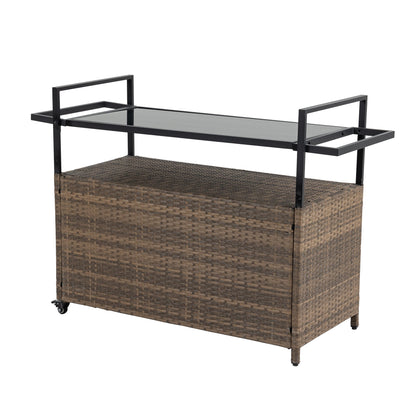 Outdoor Wicker Bar Cart with Glass Top and Wheels, dark brown wicker frame, HouseOfZazla on Tampa Home & Garden Store