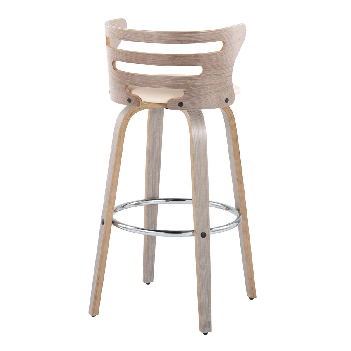 Mid Century Modern barstool with curved wood shell back, beige finish, chrome footring on Tampa Home & Garden Store