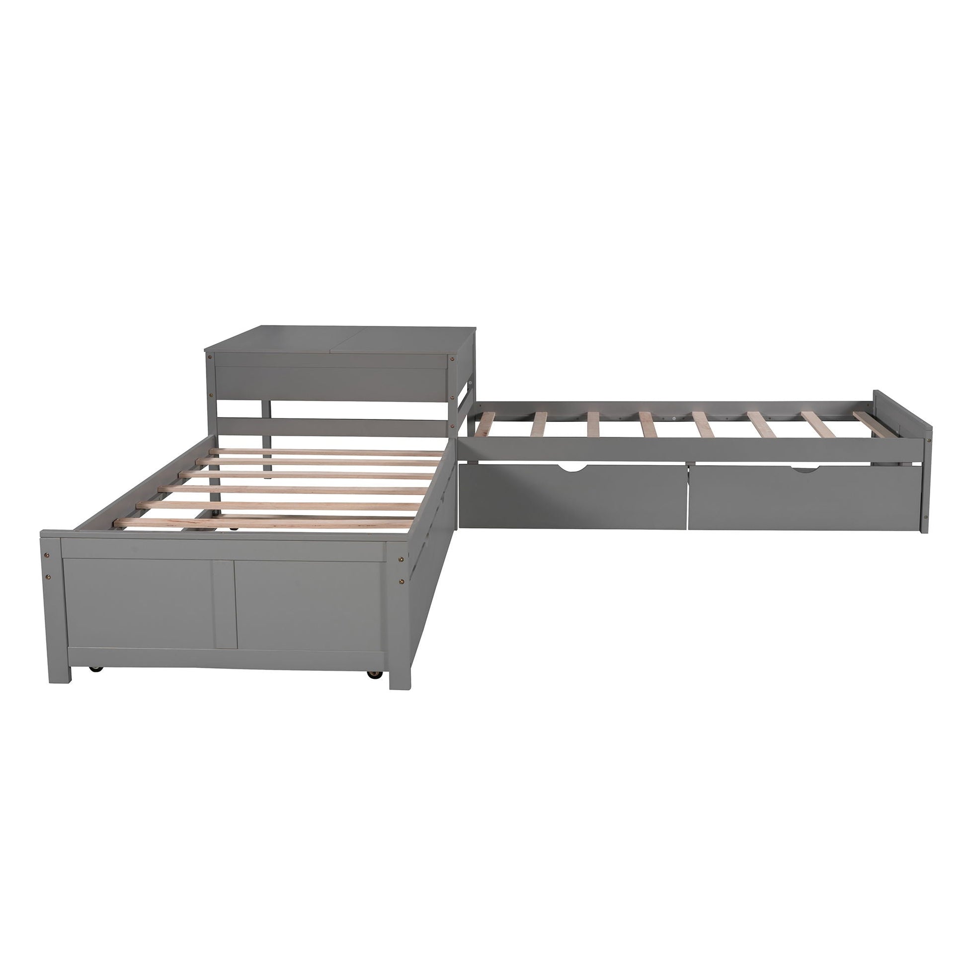 L-shaped platform bed by HouseOfZazla with built-in desk, gray finish, trundle and drawers on Tampa Home & Garden Store